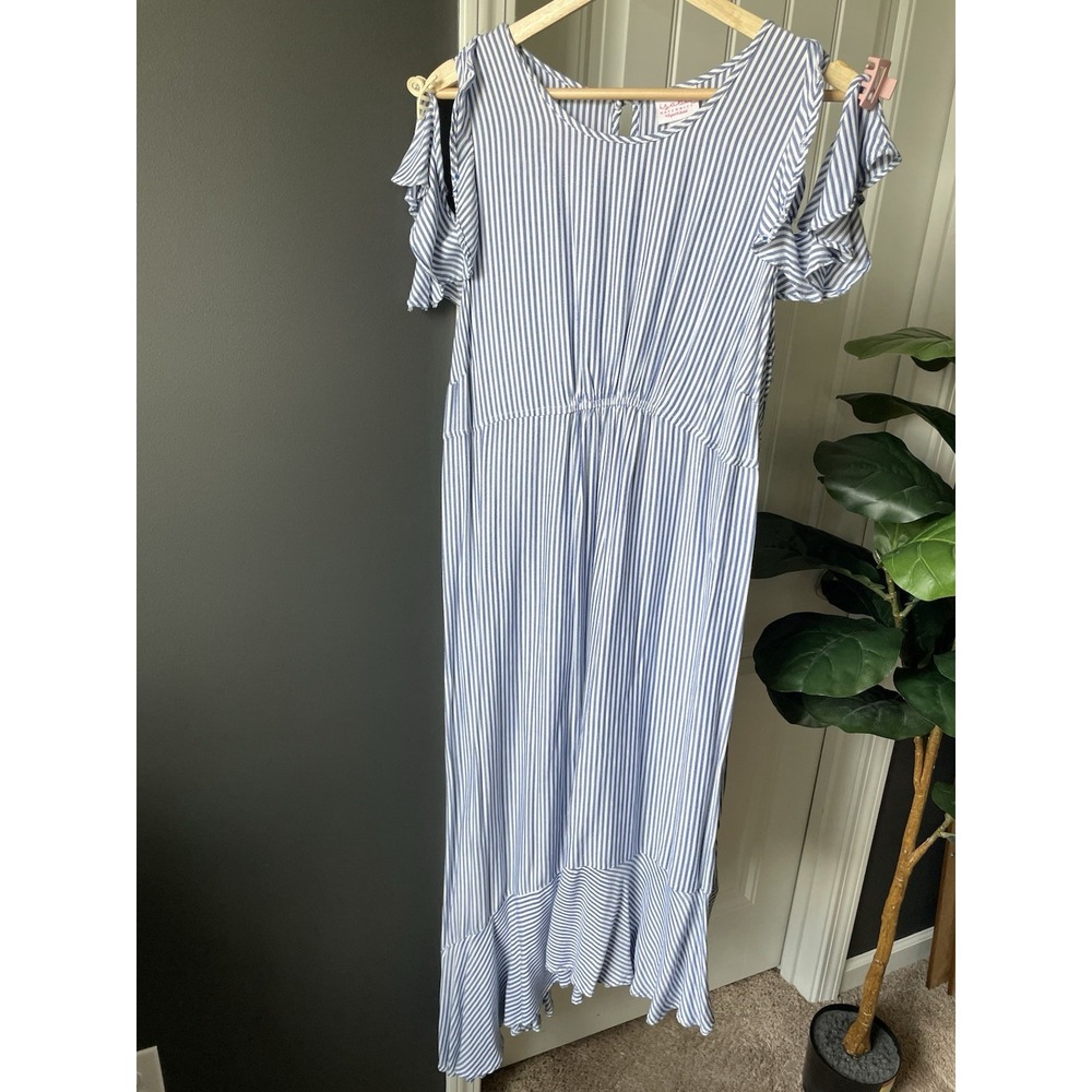 Isabel Maternity Dress L Blue/White Striped Midi Flutter Sleeve Ruffle READ